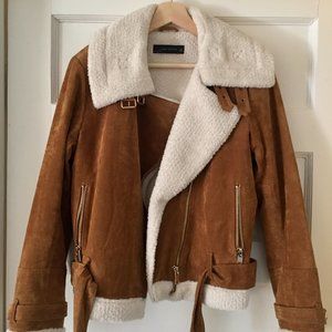 Zara Woman Shearling Suede Tan Biker Jacket Size L